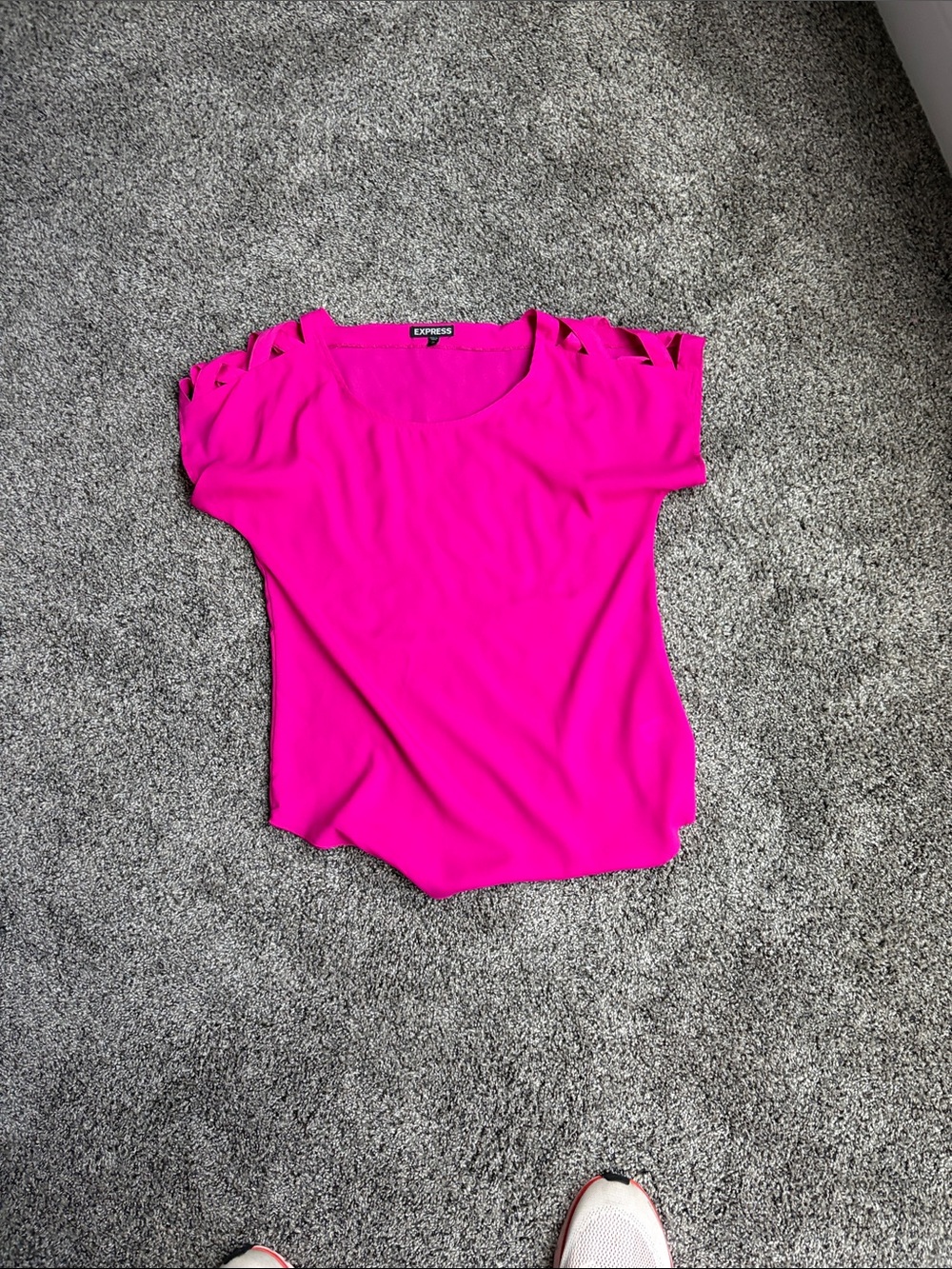 Express Women's Neon Pink Short Sleeve Top with Cutout Shoulder Detail